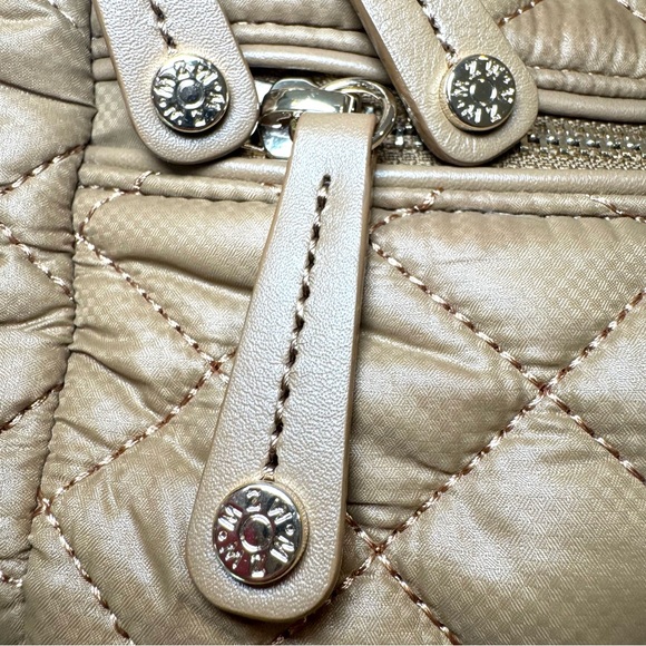 MZ Wallace Small Crosby Sling Bag In Caramel Tan Quilted Nylon W Gold Accents - Picture 12 of 13